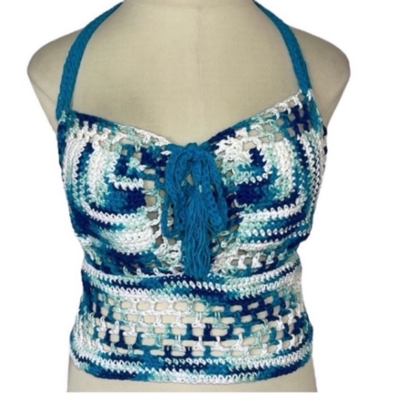 Hand Crafted Tops - Handmade Crochet Halter Top Tank Cotton Knit Blue White Corsets Hand Crafted